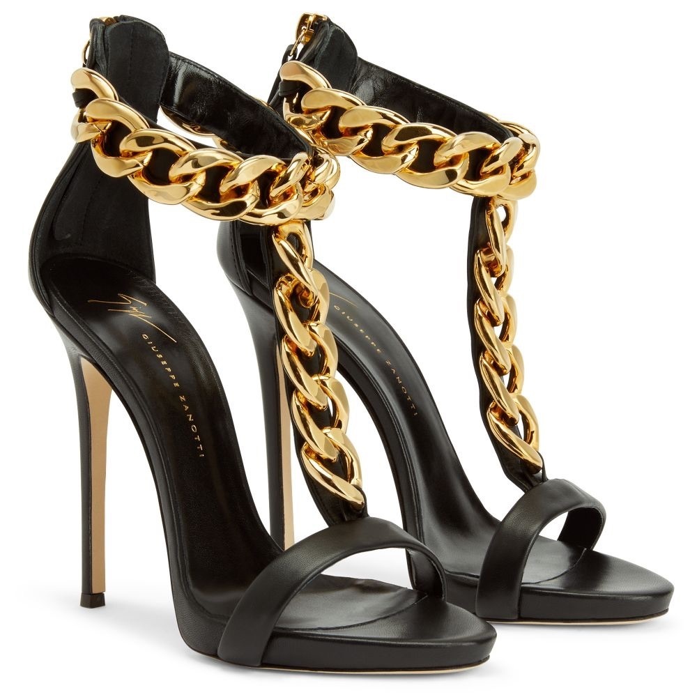 Giuseppe Zanotti Women’s Black Leather Chain Detail T Strap Sandals Size 35 EU